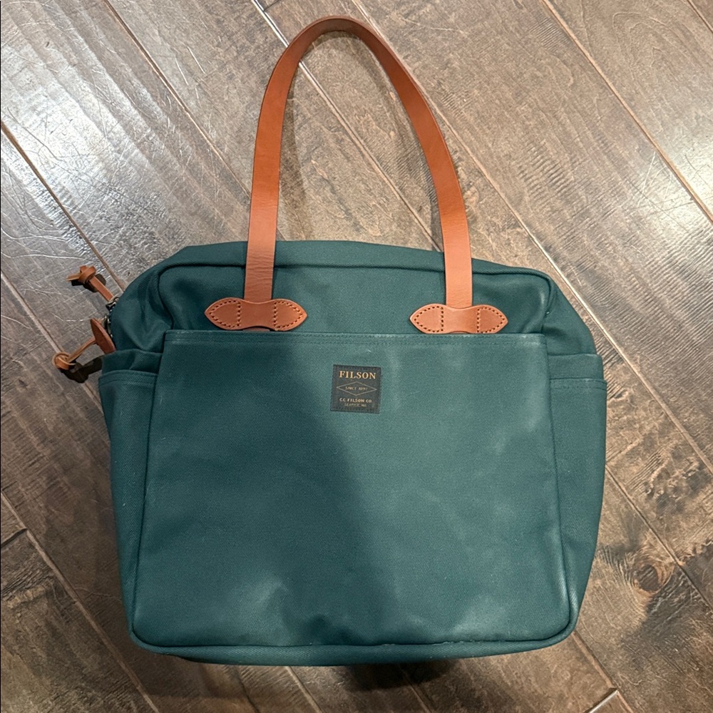 Filson Forest Green Tote with Brown Leather Straps
